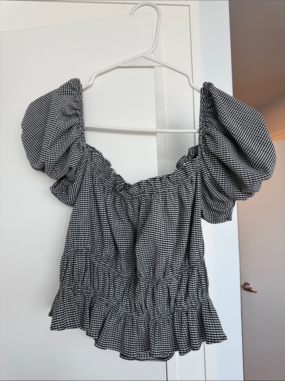 Mango Black & White Gingham Puff-Sleeve Blouse